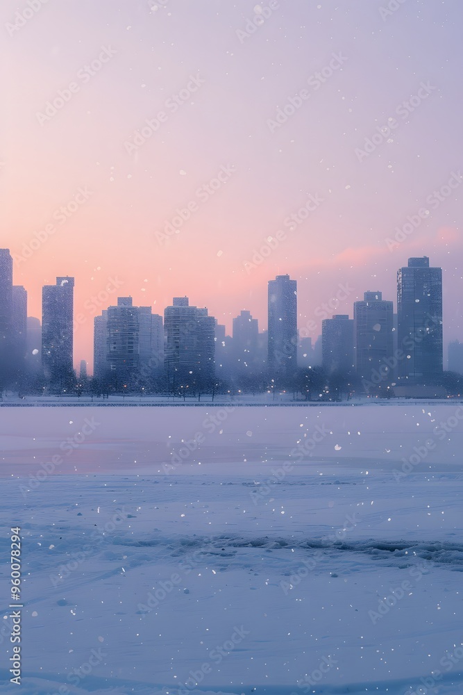 Fototapeta premium A gentle snowfall against a pastel city skyline AI generated