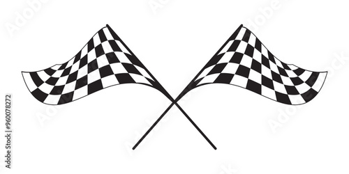 Two crossed winding race flags with checkered black and white pattern. Start or finish symbol on sport car competitions. Rally or motocross props. Victory or success sign. Vector graphic illustration