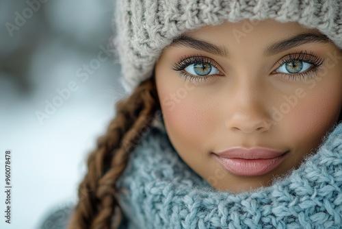 Captivating portrait of a young woman in winter attire, showcasing stunning blue eyes and soft features against a snowy backdrop.