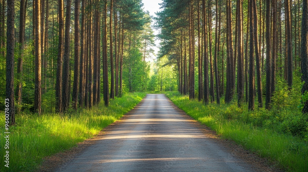 Fototapeta premium Road cutting through dense forest towering pines on either side
