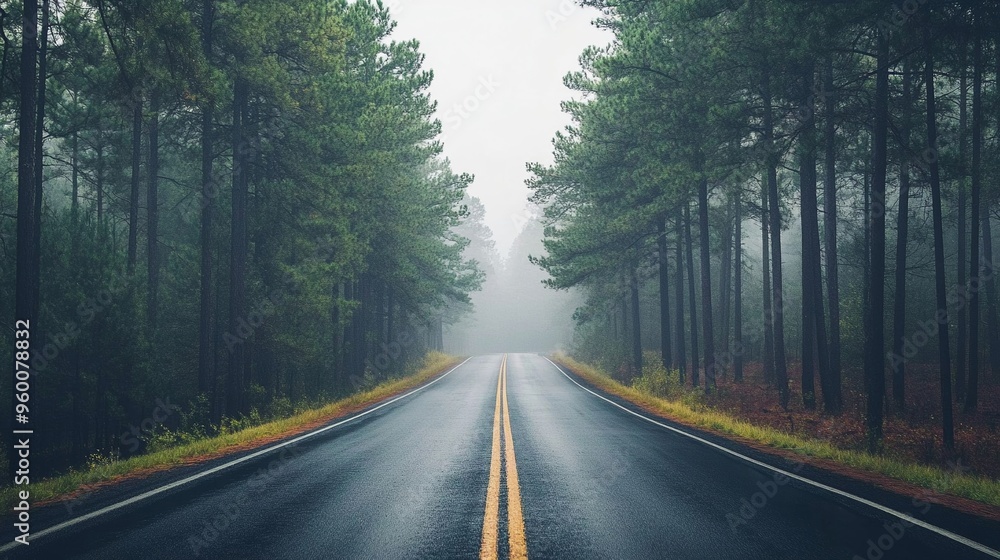 Fototapeta premium Road disappearing into the distance among tall pines