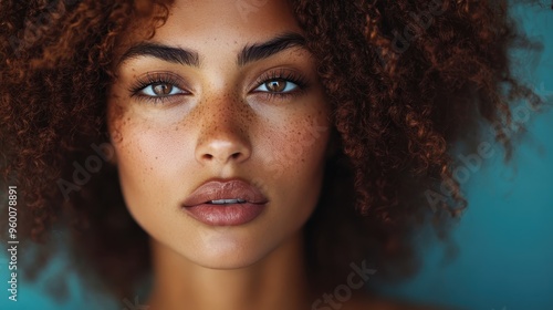 A striking image of a person with curly hair standing against a vibrant blue backdrop, conveying a sense of individuality and natural beauty, with expressive hair texture.