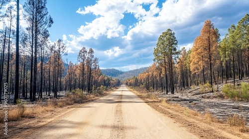 Road through a fire-scorched pine forest photo