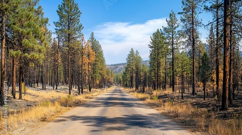 Road through a fire-scorched pine forest photo