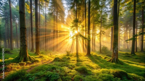 Serene dawn breaks over a misty forest, with warm sunlight peeking through towering trees, casting a golden glow on the lush green foliage and dewy forest floor. photo