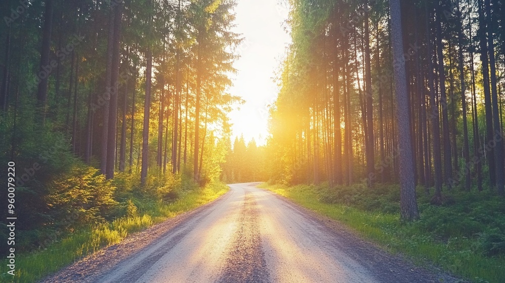 Road through a pine forest at sunrise Road through a pine forest at sunrise