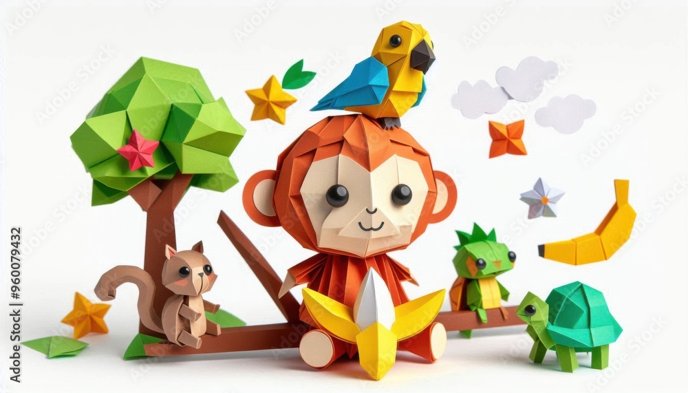 Naklejka premium papercraft monkey , bird and turtle 