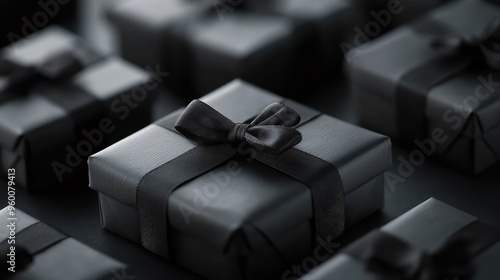 A black gift box adorned with a black ribbon is placed on a dark surface, epitomizing understated elegance and mystery, suitable for high-end gift presentations. photo