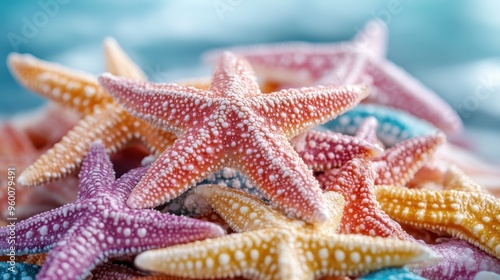 A close-up of a pile of brightly colored starfish, featuring an array of textures and patterns, captured in an aesthetically pleasing and detailed manner, evoking oceanic beauty. photo