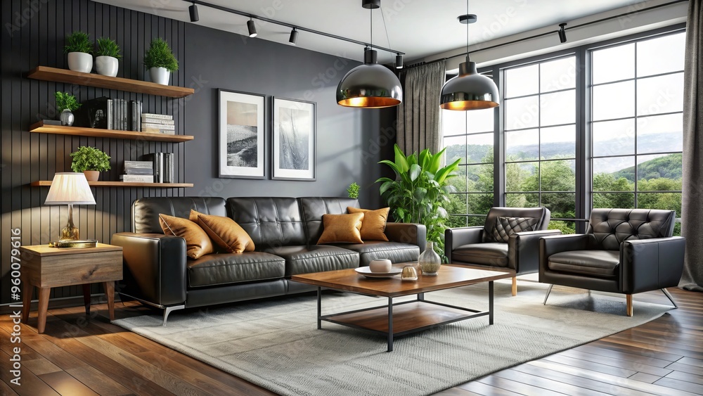 Elegant modern living room features a sleek black leather sofa, accent chairs with rich wood tones, and a Elegant modern living room features a sleek black leather sofa, accent chairs with rich wood tones, and a