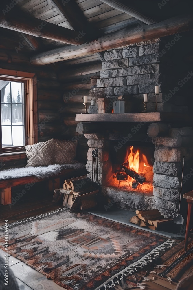 A minimalist rustic cabin with a roaring fireplace AI generated A minimalist rustic cabin with a roaring fireplace AI generated