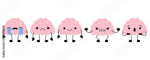 Kawaii happy brain character and sad crying brain character. Human brain with face. Cartoon character isolated on white background. Hand drawn symbols of healthy and depressive mind.