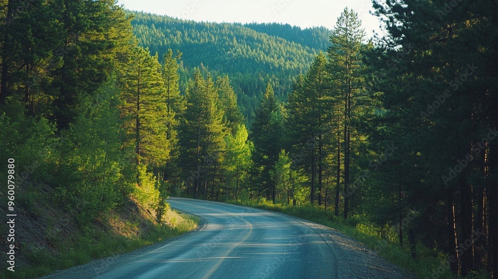 Fototapeta premium Road winding up a pine-covered hill