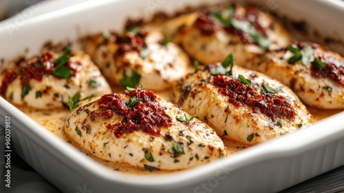 This image showcases six pieces of baked chicken breasts, well-seasoned and garnished with sun-dried tomatoes and herbs, resting in a white baking dish, ready to serve.