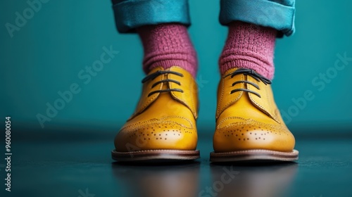 A close-up image of stylish yellow shoes paired with pink socks against a teal background. The unique combination captures a sense of fashion and playful expression. photo