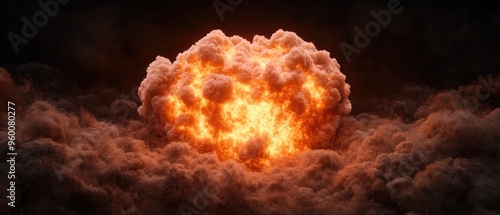 A dramatic explosion with fiery blast and smoke, capturing the intensity and power of an impactful detonative event. photo