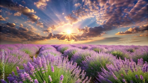 Serene illustration of a sweeping lavender field with delicate purple blooms and soft green stems set against a warm sunny sky with gentle clouds. photo