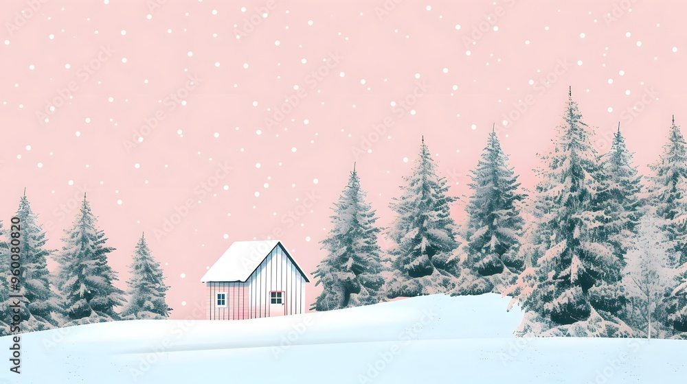 A pastel winter scene featuring a minimal style cabin and pine trees AI generated A pastel winter scene featuring a minimal style cabin and pine trees AI generated