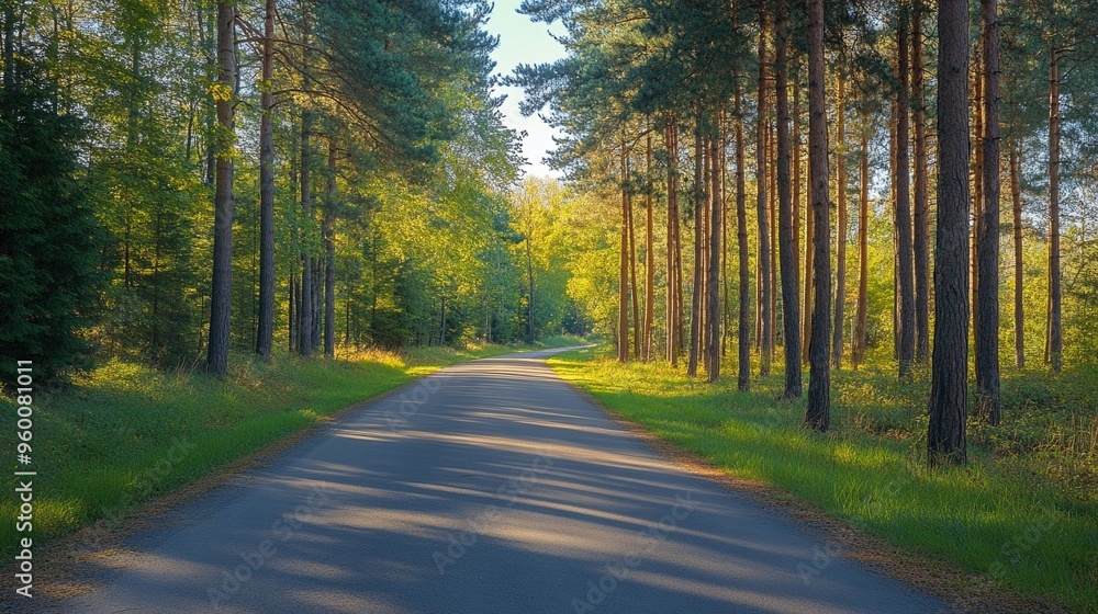 Naklejka premium Road with shadows of tall pines creating a pattern