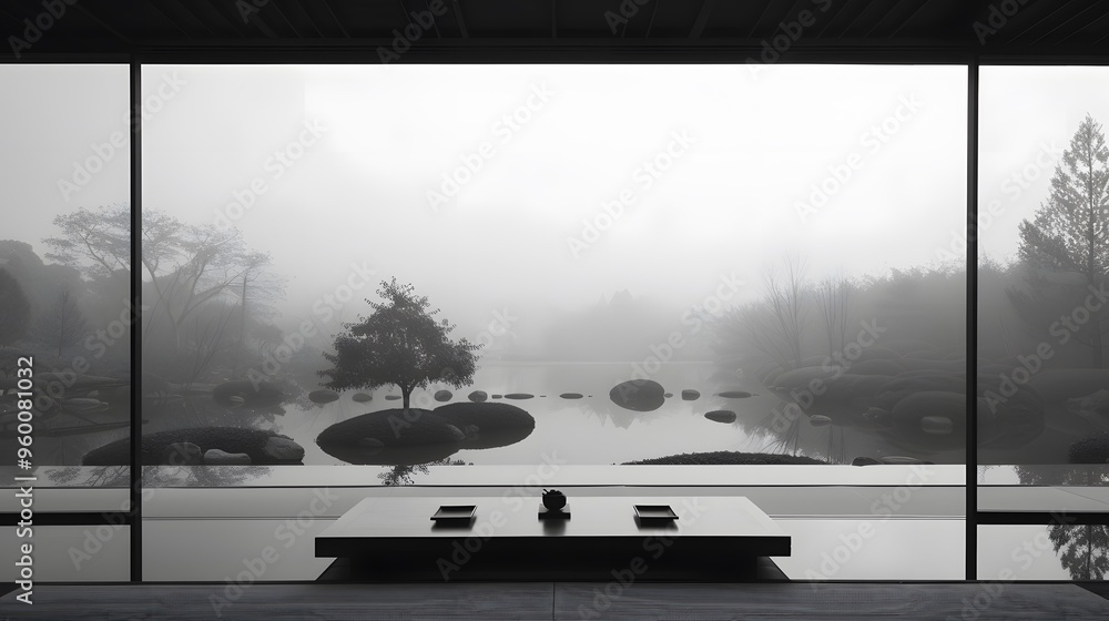 Fototapeta premium A peaceful zen garden viewed from a minimalist tea house AI generated