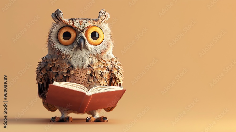 A cartoon owl is reading a book on a yellow background. A cartoon owl is reading a book on a yellow background.