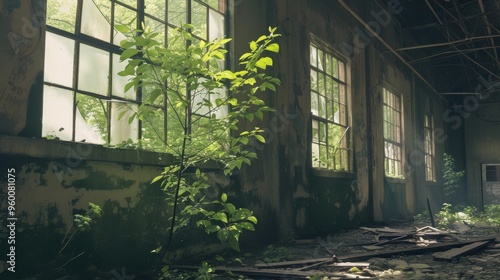 Sunlight filters through broken windows into an abandoned room, illuminating a young tree growing amidst the decay. The juxtaposition of new life and dereliction creates a poignant and surreal scene.