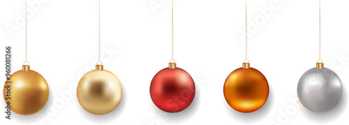 Christmas golden, red and silver balls with shadow on transparent background. Christmas toys. Luxurious hanging trinkets with ribbon. Festive glitter design elements. Vector illustration EPS 10