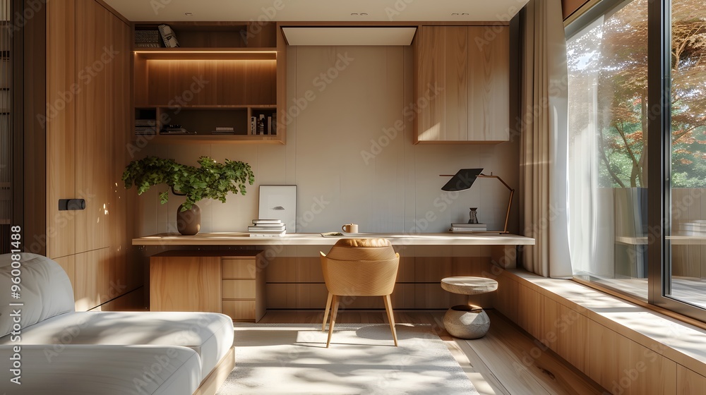 A quaint and minimalist study with warm wooden elements AI generated illustration A quaint and minimalist study with warm wooden elements AI generated illustration
