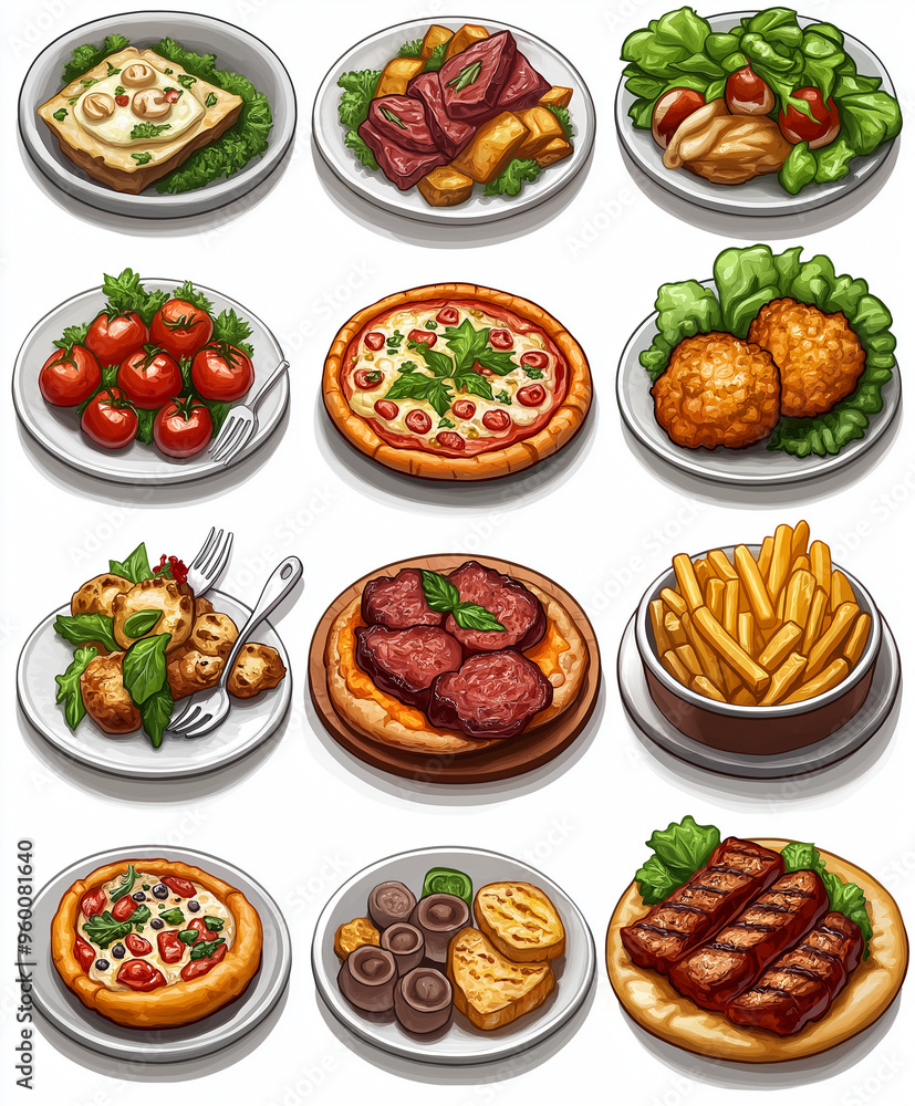Delicious Food Icons Set:  A vibrant collection of 12 hand-drawn food icons, each depicting a tempting dish. Perfect for menu design, food blogs, and culinary apps. The icons showcase a variety of cui
