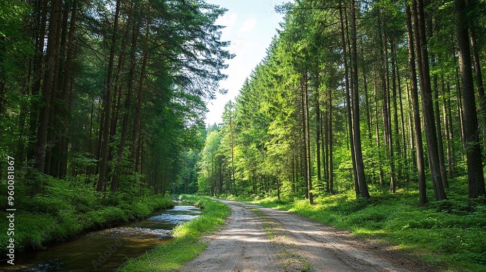Fototapeta premium Scenic drive through pine forest with a river running parallel
