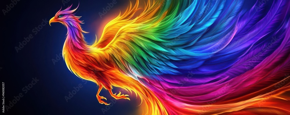 A rainbow-colored phoenix rising from the ashes, mythology, flames blending into vivid hues, high contrast A rainbow-colored phoenix rising from the ashes, mythology, flames blending into vivid hues, high contrast