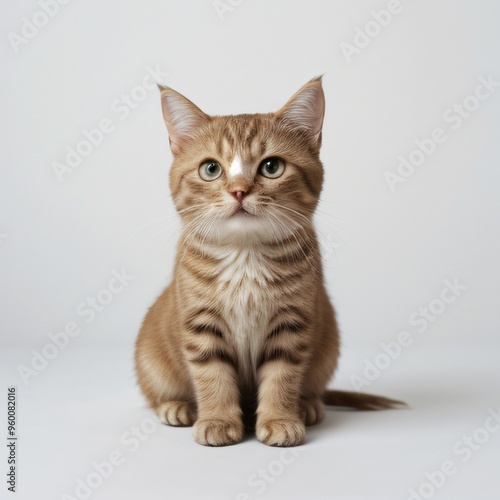 Adorable Tabby Cat Sitting on White Background