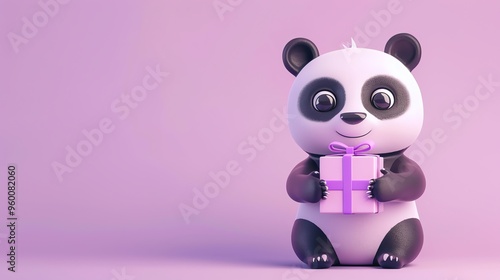 A cute cartoon panda is holding a gift box. photo