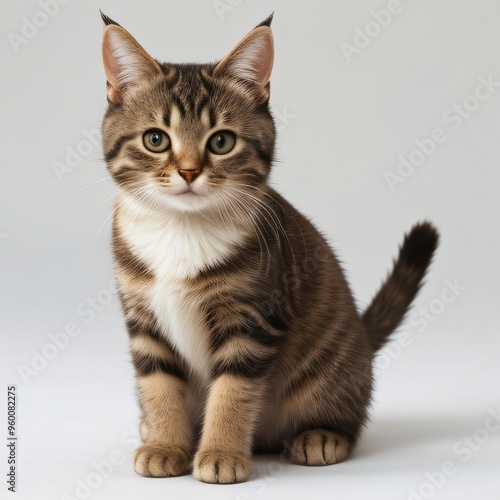 Adorable Tabby Cat Sitting on White Background