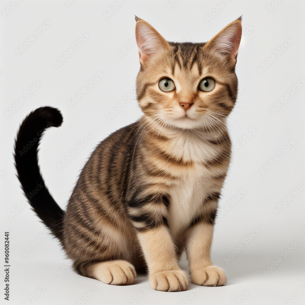 Fototapeta premium Adorable Tabby Cat Sitting on White Background
