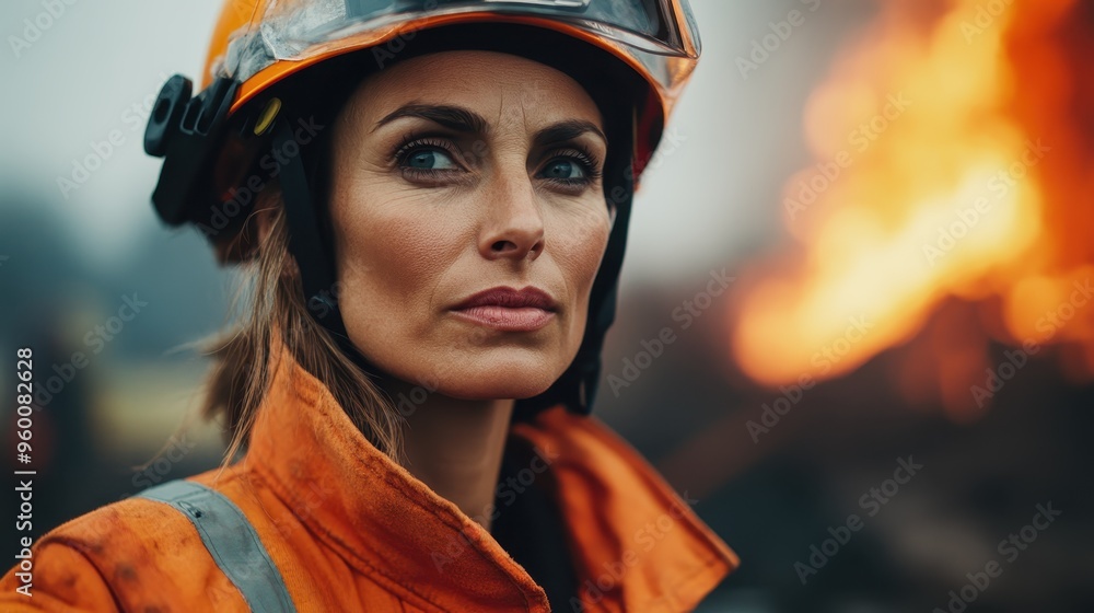 A female firefighter wearing a helmet and protective gear stands resolutely against a backdrop of flames, embodying bravery and strength in the face of danger and chaos. A female firefighter wearing a helmet and protective gear stands resolutely against a backdrop of flames, embodying bravery and strength in the face of danger and chaos.