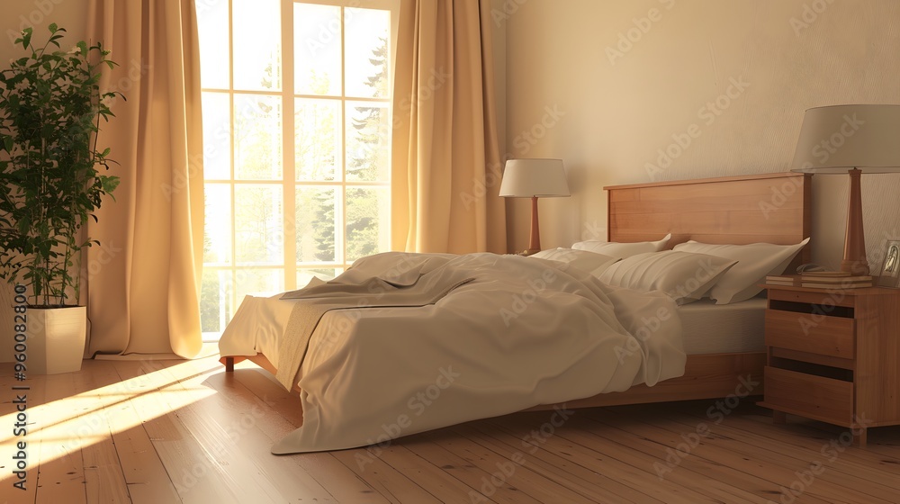 A simplistic minimalistic bedroom with a warm inviting bed AI generated illustration A simplistic minimalistic bedroom with a warm inviting bed AI generated illustration
