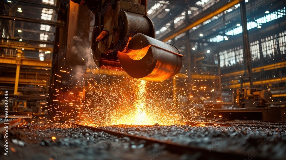 A bustling steel mill with molten steel being poured from a ladle into ...