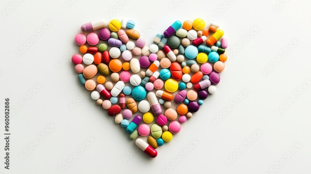 Colorful Pills and Capsules Arranged in a Heart Shape, Representing Health and Wellbeing Colorful Pills and Capsules Arranged in a Heart Shape, Representing Health and Wellbeing
