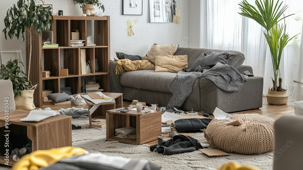 Disarrayed Living Room Interior After a Robbery, Showing Evidence of ...