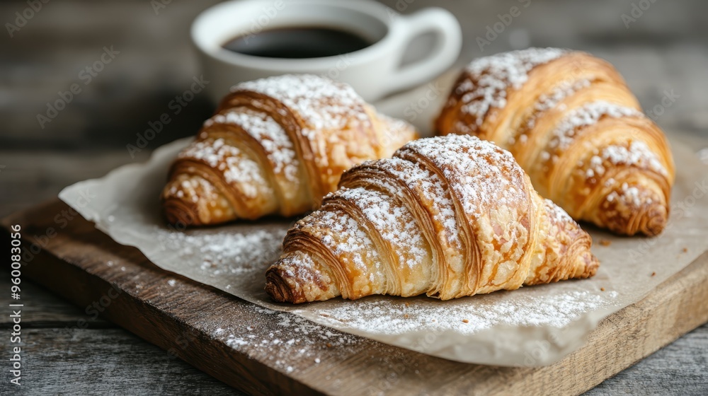This image shows four flaky croissants sprinkled with powdered sugar, presented on a piece of brown paper alongside a cup of coffee, creating a warm and inviting food aesthetic. This image shows four flaky croissants sprinkled with powdered sugar, presented on a piece of brown paper alongside a cup of coffee, creating a warm and inviting food aesthetic.