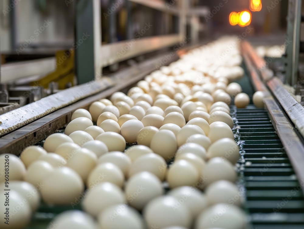 Fototapeta premium Eggs Flowing Along a Conveyor Belt in a Modern Egg Distribution System, Showing a Streamlined Process for Ensuring Freshness and Efficiency