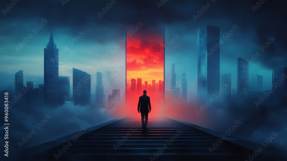 A businessman climbing stairs leading to success, with a futuristic, glowing city skyline in the background A businessman climbing stairs leading to success, with a futuristic, glowing city skyline in the background