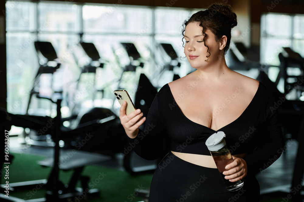 A young woman embraces body positivity as she works out in active wear, checking her phone. A young woman embraces body positivity as she works out in active wear, checking her phone.