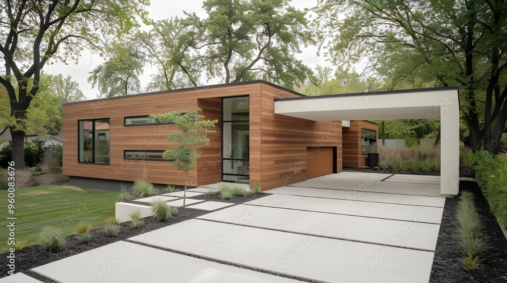 A modern ranch-style minimalist cubic house with a garage and landscaping design in the front yard. Wooden cladding and white walls. The landscaping includes a small garden and a few trees. A modern ranch-style minimalist cubic house with a garage and landscaping design in the front yard. Wooden cladding and white walls. The landscaping includes a small garden and a few trees.