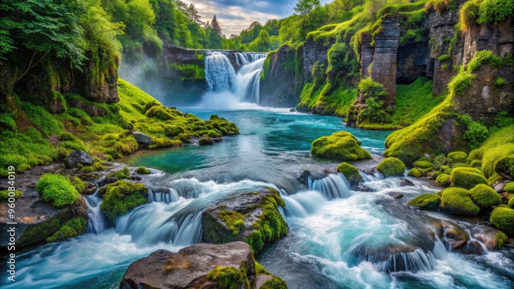 Serenely cascading glacial waters plummet 100 feet down moss-drenched volcanic rock, surrounded by lush emerald greenery, in a breathtakingly majestic 4K ultra-high-definition nature scene. Serenely cascading glacial waters plummet 100 feet down moss-drenched volcanic rock, surrounded by lush emerald greenery, in a breathtakingly majestic 4K ultra-high-definition nature scene.
