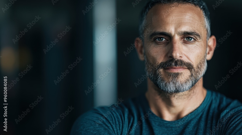 A portrait of a man with a salt and pepper beard, dressed in a teal casual shirt, confidently looking at the camera, captured indoors with a modern and simplistic background. A portrait of a man with a salt and pepper beard, dressed in a teal casual shirt, confidently looking at the camera, captured indoors with a modern and simplistic background.