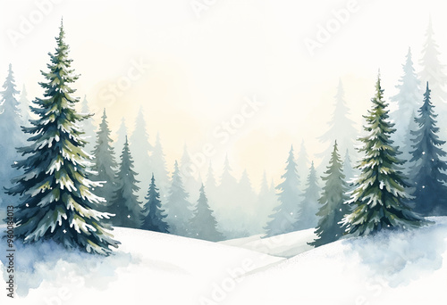 Wallpaper Mural Illustration of watercolor forest with trees, natural landscape background Torontodigital.ca