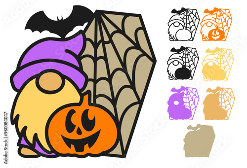 Halloween gnome with pumpkin and bat svg, Layered papercut