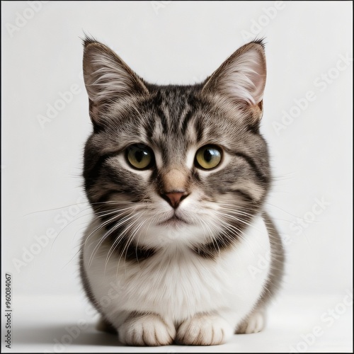 Adorable Tabby Cat Sitting on White Background